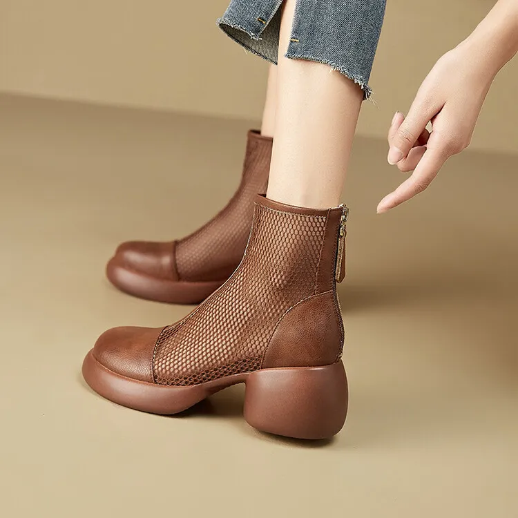Thin mesh Martin boots, women's leather chunky heel hollowed-out short boots, fashionable spring and summer thick-soled sandals, 4-10c