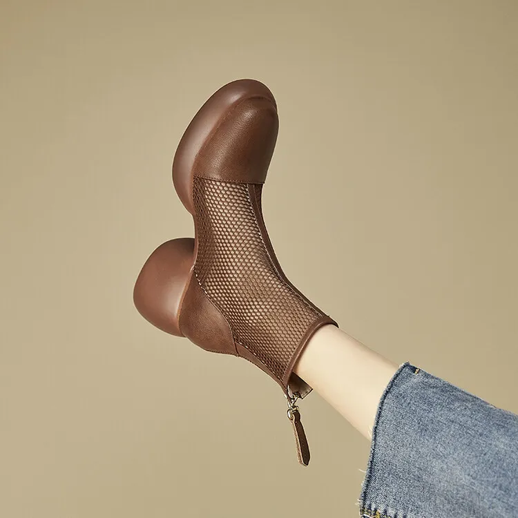 Thin mesh Martin boots, women's leather chunky heel hollowed-out short boots, fashionable spring and summer thick-soled sandals, 4-10c