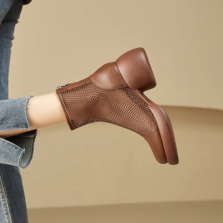 Thin mesh Martin boots, women's leather chunky heel hollowed-out short boots, fashionable spring and summer thick-soled sandals, 4-10c