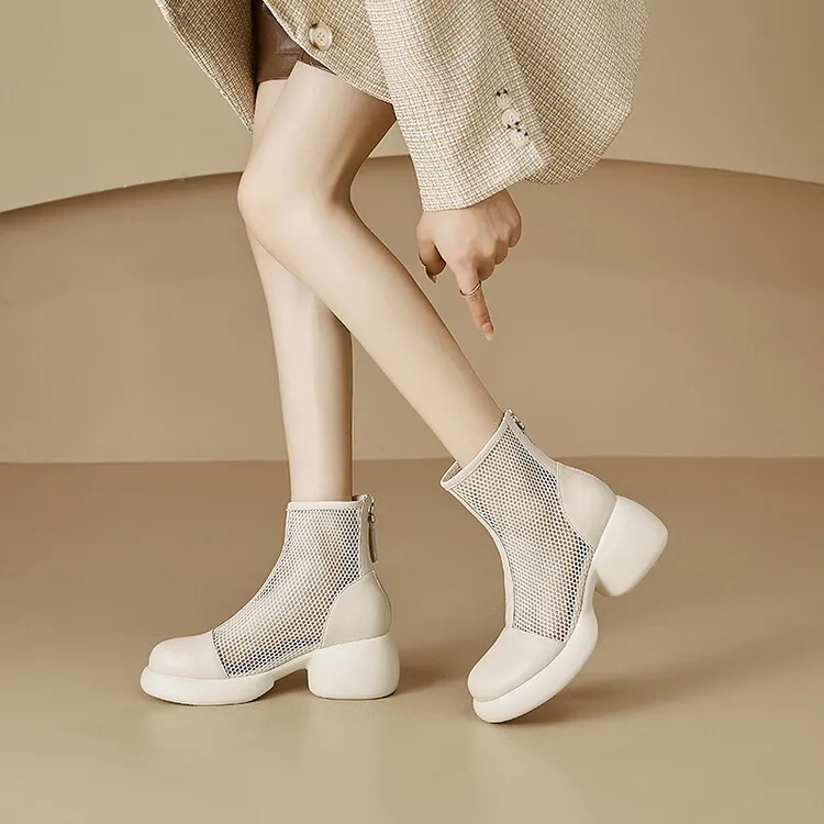 Thin mesh Martin boots, women's leather chunky heel hollowed-out short boots, fashionable spring and summer thick-soled sandals, 4-10c