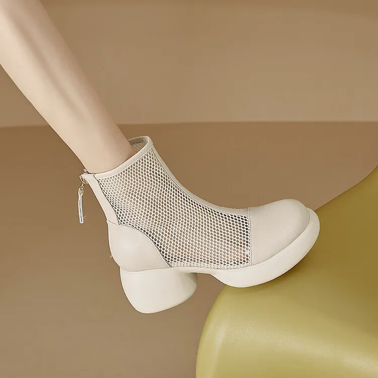 Thin mesh Martin boots, women's leather chunky heel hollowed-out short boots, fashionable spring and summer thick-soled sandals, 4-10c