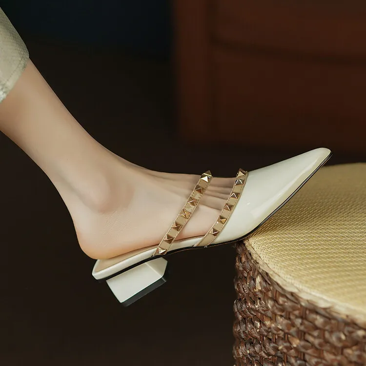 Slip-on sandals with studded mid-heel, chunky heel, and pointed toe; fashionable women's shoes, summer style, 4-13i.