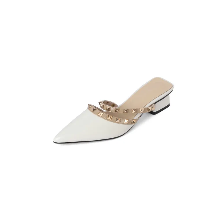 Slip-on sandals with studded mid-heel, chunky heel, and pointed toe; fashionable women's shoes, summer style, 4-13i.
