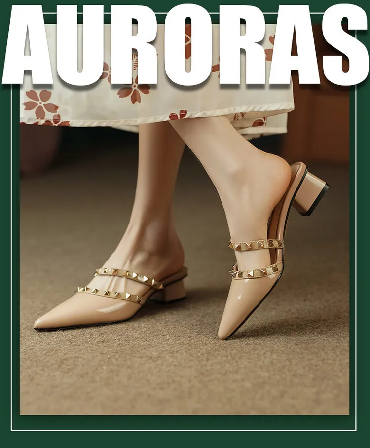 Slip-on sandals with studded mid-heel, chunky heel, and pointed toe; fashionable women's shoes, summer style, 4-13i.