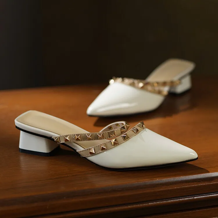 Slip-on sandals with studded mid-heel, chunky heel, and pointed toe; fashionable women's shoes, summer style, 4-13i.