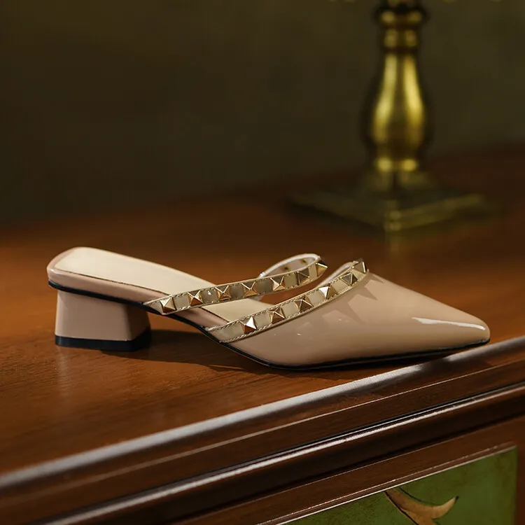 Slip-on sandals with studded mid-heel, chunky heel, and pointed toe; fashionable women's shoes, summer style, 4-13i.