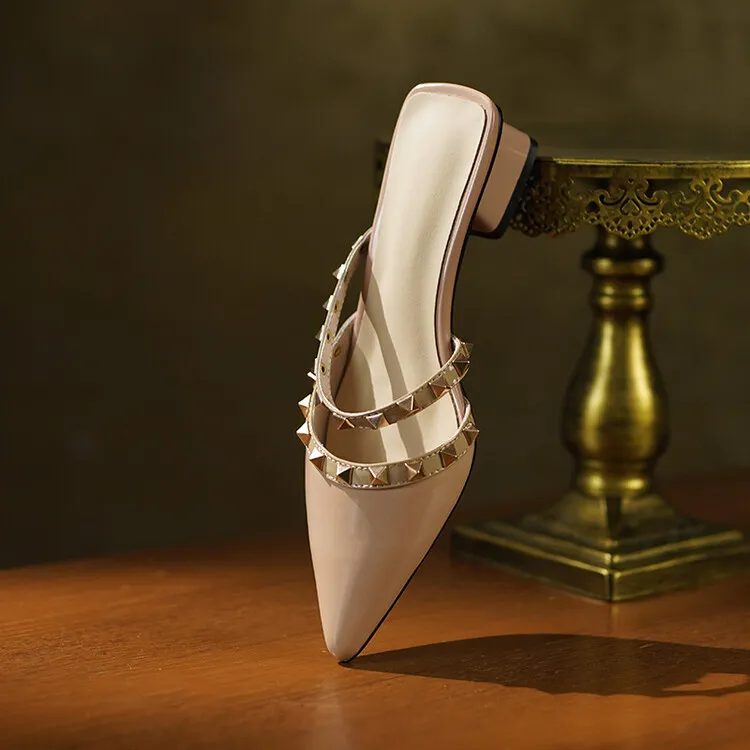 Slip-on sandals with studded mid-heel, chunky heel, and pointed toe; fashionable women's shoes, summer style, 4-13i.