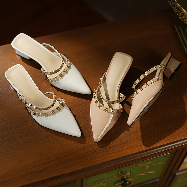 Slip-on sandals with studded mid-heel, chunky heel, and pointed toe; fashionable women's shoes, summer style, 4-13i.