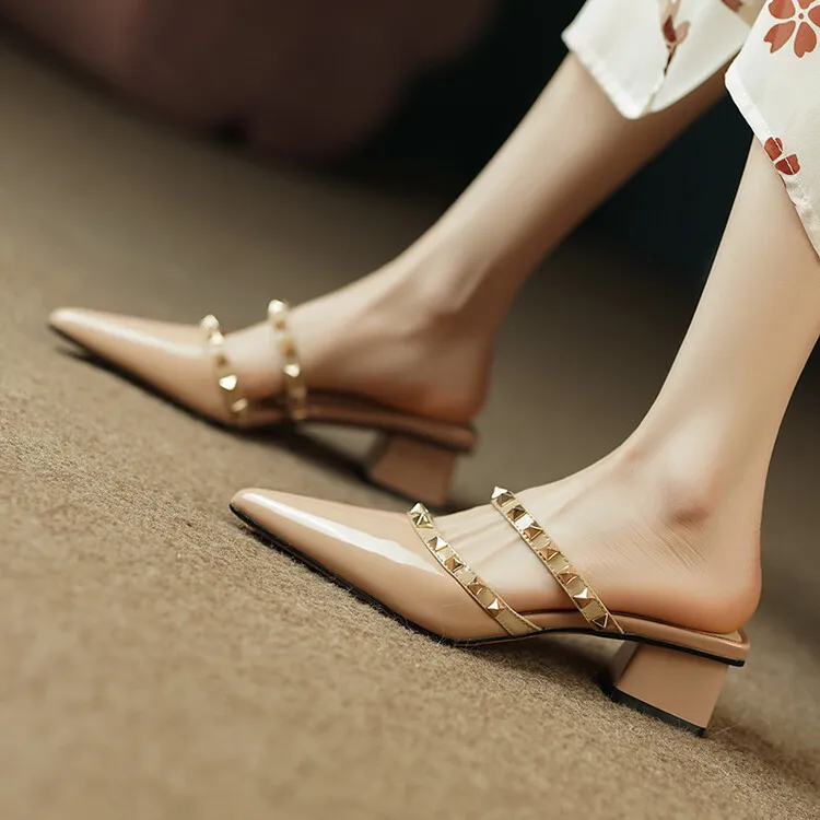 Slip-on sandals with studded mid-heel, chunky heel, and pointed toe; fashionable women's shoes, summer style, 4-13i.