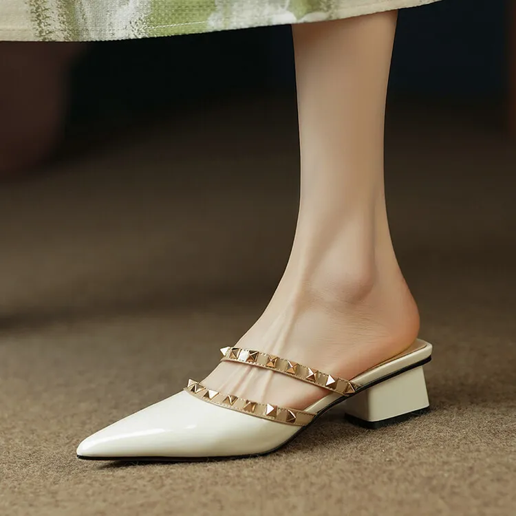 Slip-on sandals with studded mid-heel, chunky heel, and pointed toe; fashionable women's shoes, summer style, 4-13i.