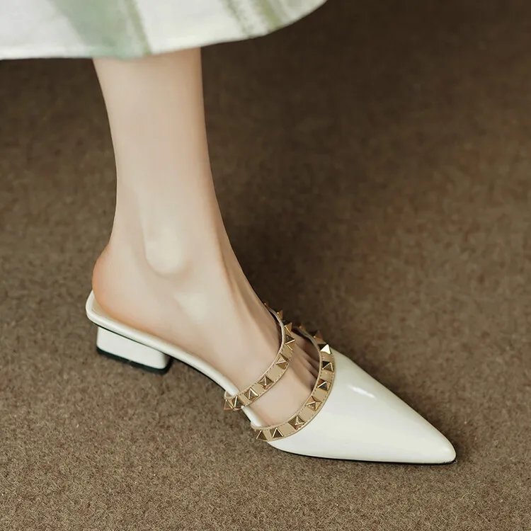 Slip-on sandals with studded mid-heel, chunky heel, and pointed toe; fashionable women's shoes, summer style, 4-13i.