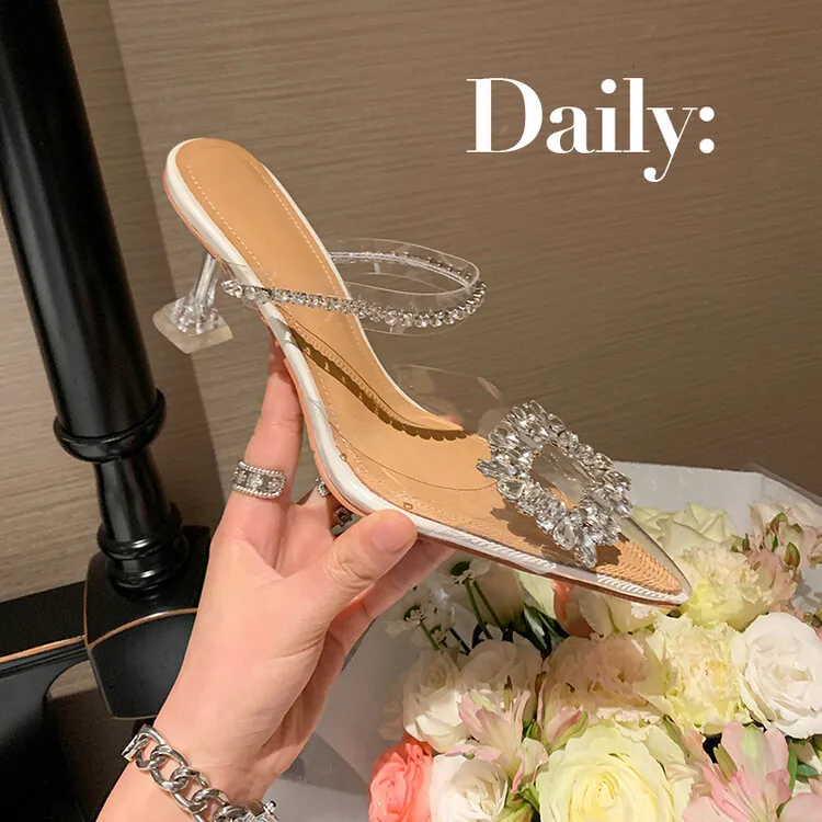 French-style transparent crystal stiletto pointed high heels, Korean-style closed-toe mules, 2023 women's shoes 4-13