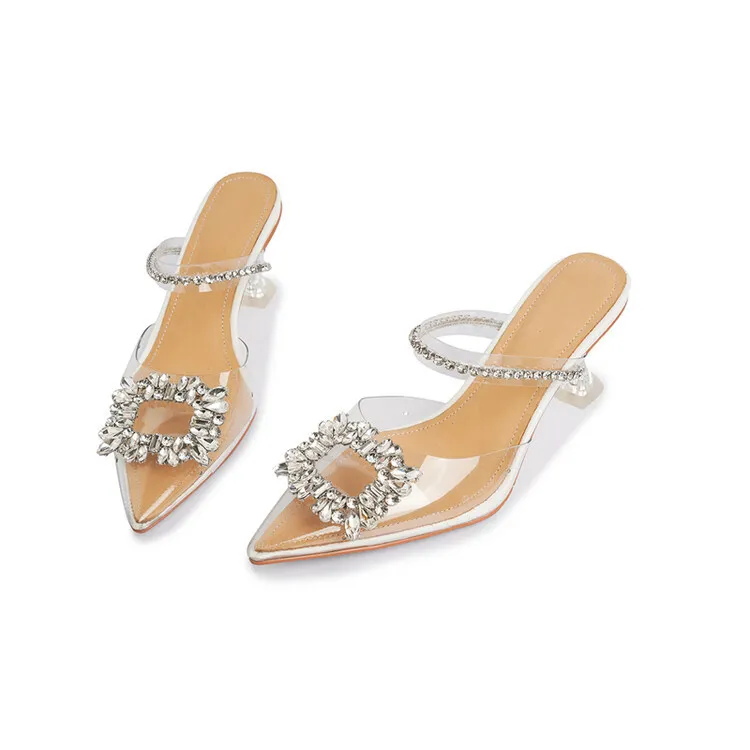 French-style transparent crystal stiletto pointed high heels, Korean-style closed-toe mules, 2023 women's shoes 4-13