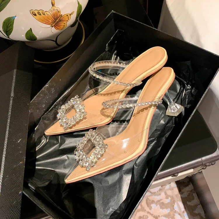 French-style transparent crystal stiletto pointed high heels, Korean-style closed-toe mules, 2023 women's shoes 4-13