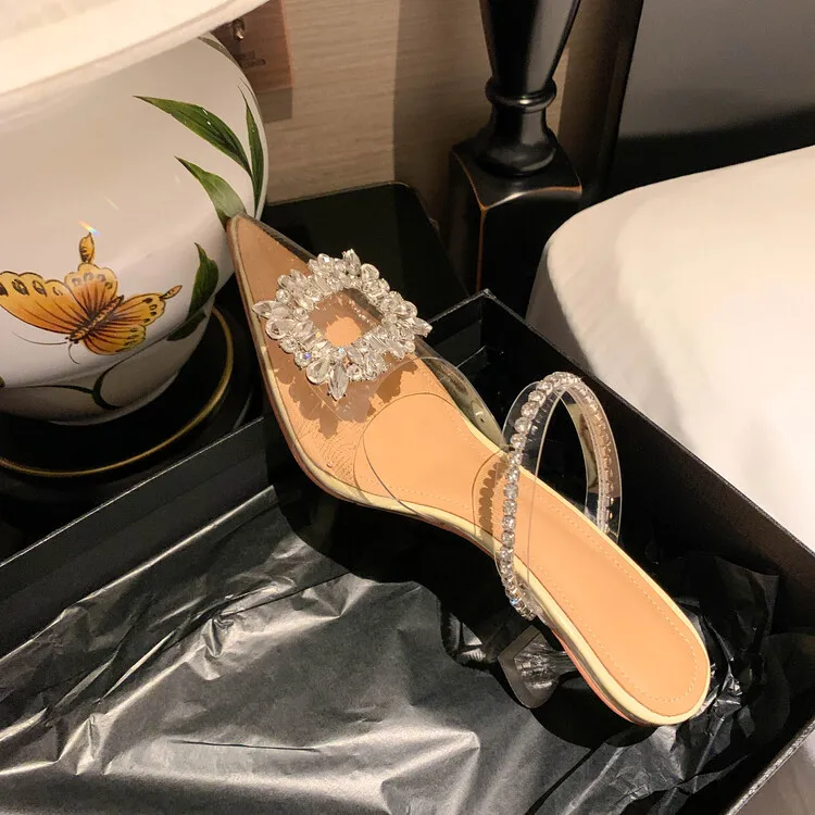 French-style transparent crystal stiletto pointed high heels, Korean-style closed-toe mules, 2023 women's shoes 4-13
