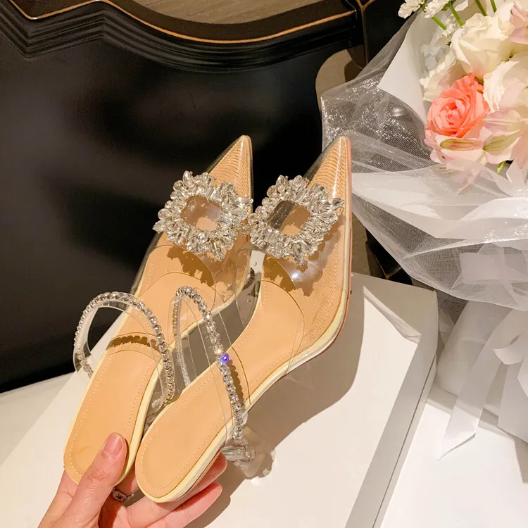 French-style transparent crystal stiletto pointed high heels, Korean-style closed-toe mules, 2023 women's shoes 4-13