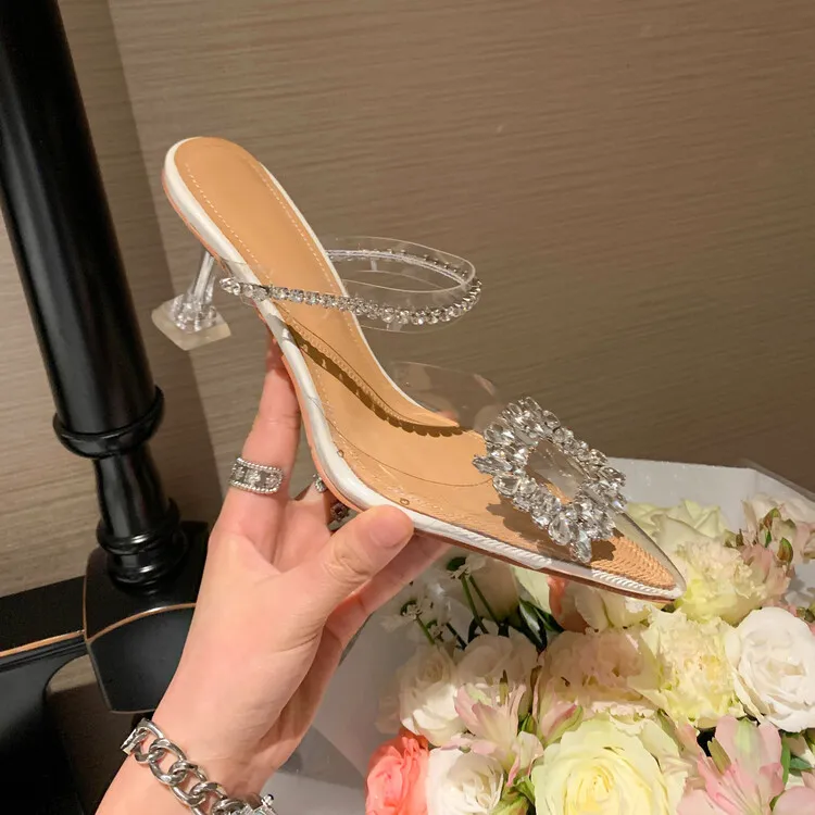 French-style transparent crystal stiletto pointed high heels, Korean-style closed-toe mules, 2023 women's shoes 4-13
