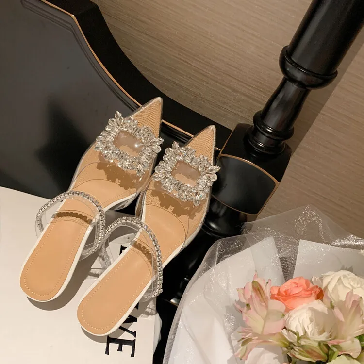 French-style transparent crystal stiletto pointed high heels, Korean-style closed-toe mules, 2023 women's shoes 4-13