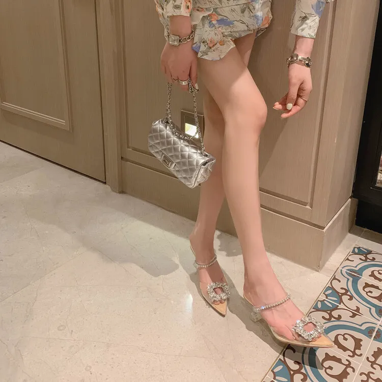 French-style transparent crystal stiletto pointed high heels, Korean-style closed-toe mules, 2023 women's shoes 4-13