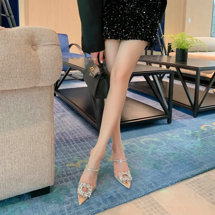 French-style transparent crystal stiletto pointed high heels, Korean-style closed-toe mules, 2023 women's shoes 4-13