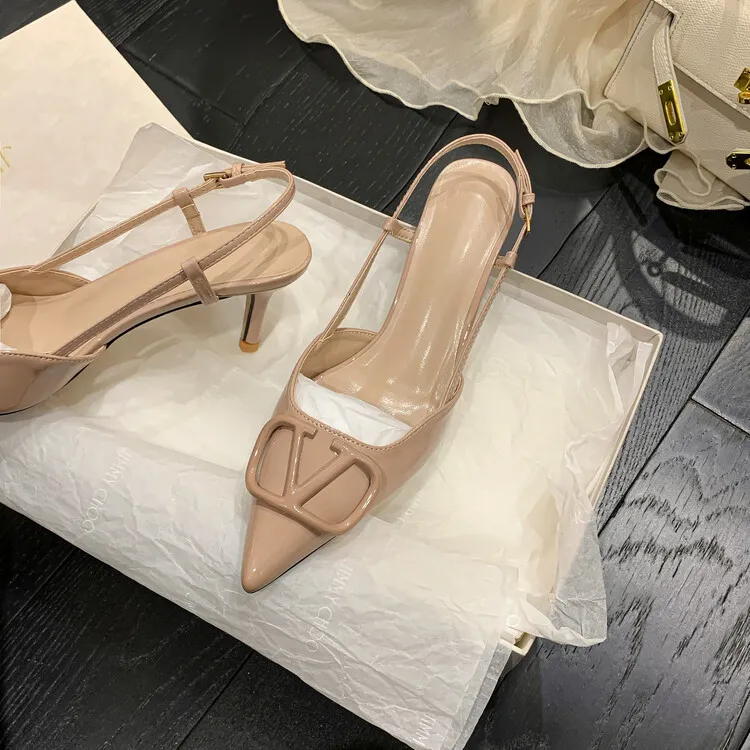 Pointed-toe V-buckle stiletto heel 4/6cm high women's shoes, fashionable backless closed-toe sandals, trendy and versatile fashion shoes 4-17f