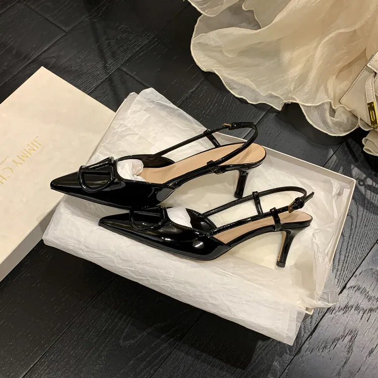 Pointed-toe V-buckle stiletto heel 4/6cm high women's shoes, fashionable backless closed-toe sandals, trendy and versatile fashion shoes 4-17f