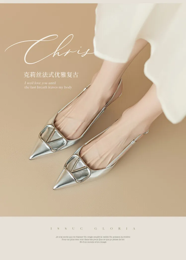 Women's Spring/Summer Slingback Sandals with Stiletto Heels, Fashionable Pointed Toe, Low-Cut, Back Strap, High Heels 4-23e