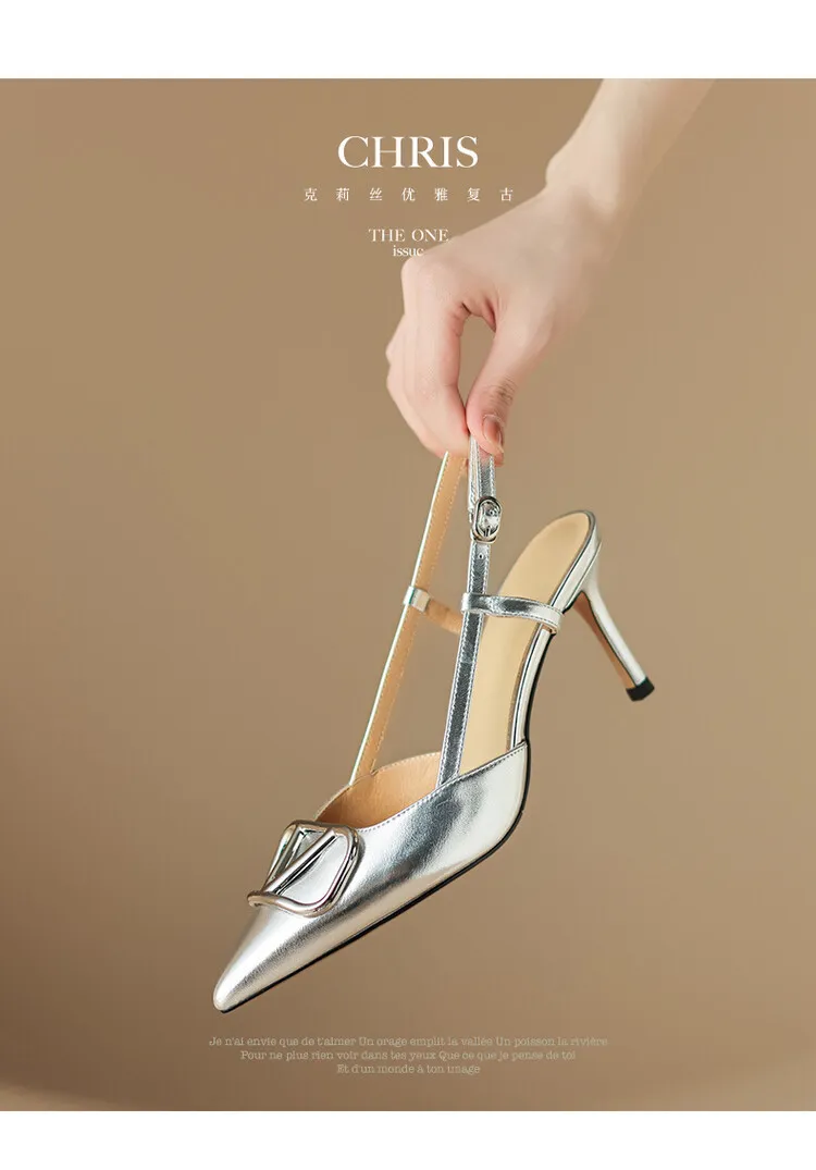 Women's Spring/Summer Slingback Sandals with Stiletto Heels, Fashionable Pointed Toe, Low-Cut, Back Strap, High Heels 4-23e