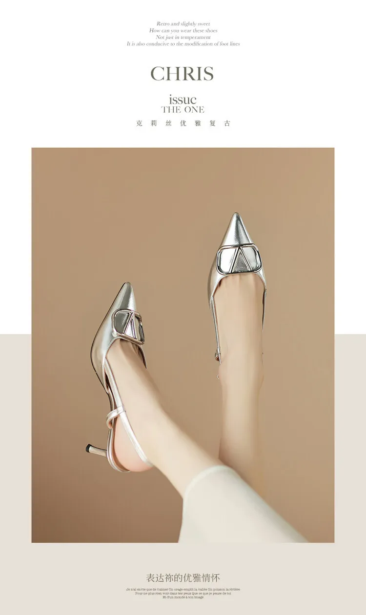 Women's Spring/Summer Slingback Sandals with Stiletto Heels, Fashionable Pointed Toe, Low-Cut, Back Strap, High Heels 4-23e