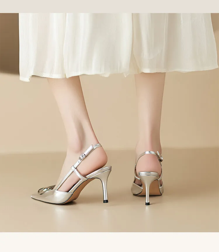 Women's Spring/Summer Slingback Sandals with Stiletto Heels, Fashionable Pointed Toe, Low-Cut, Back Strap, High Heels 4-23e