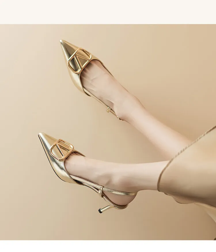 Women's Spring/Summer Slingback Sandals with Stiletto Heels, Fashionable Pointed Toe, Low-Cut, Back Strap, High Heels 4-23e