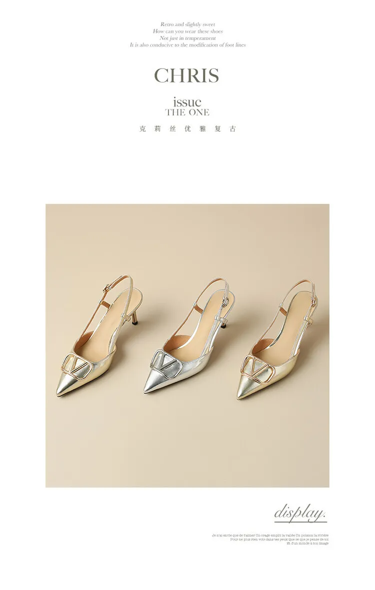 Women's Spring/Summer Slingback Sandals with Stiletto Heels, Fashionable Pointed Toe, Low-Cut, Back Strap, High Heels 4-23e