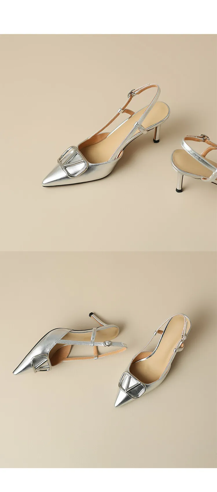 Women's Spring/Summer Slingback Sandals with Stiletto Heels, Fashionable Pointed Toe, Low-Cut, Back Strap, High Heels 4-23e