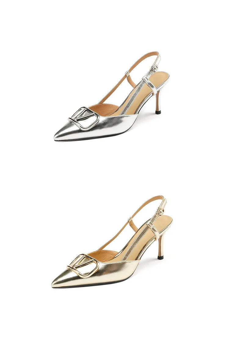 Women's Spring/Summer Slingback Sandals with Stiletto Heels, Fashionable Pointed Toe, Low-Cut, Back Strap, High Heels 4-23e