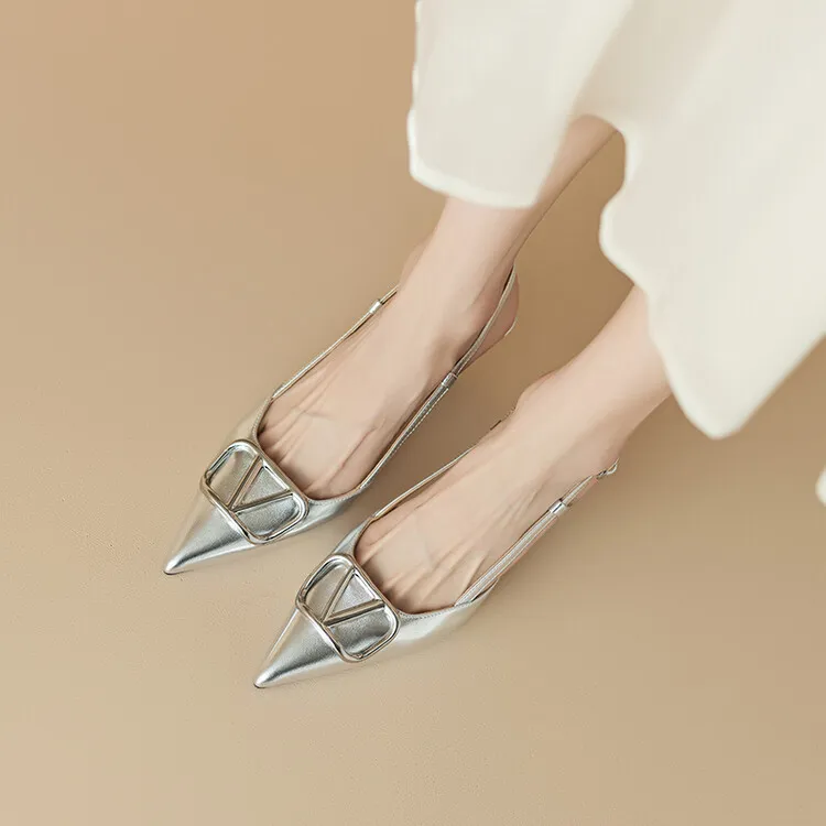 Women's Spring/Summer Slingback Sandals with Stiletto Heels, Fashionable Pointed Toe, Low-Cut, Back Strap, High Heels 4-23e