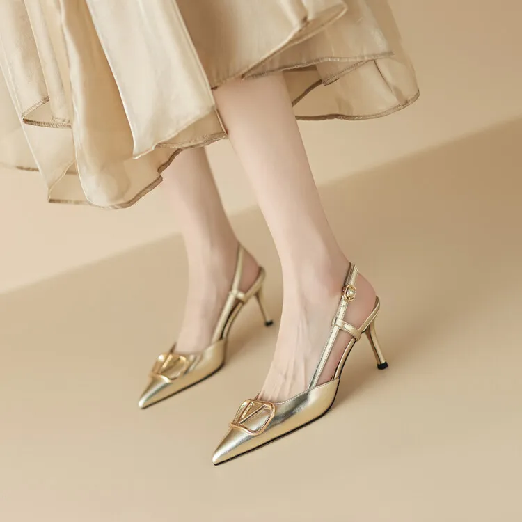 Women's Spring/Summer Slingback Sandals with Stiletto Heels, Fashionable Pointed Toe, Low-Cut, Back Strap, High Heels 4-23e