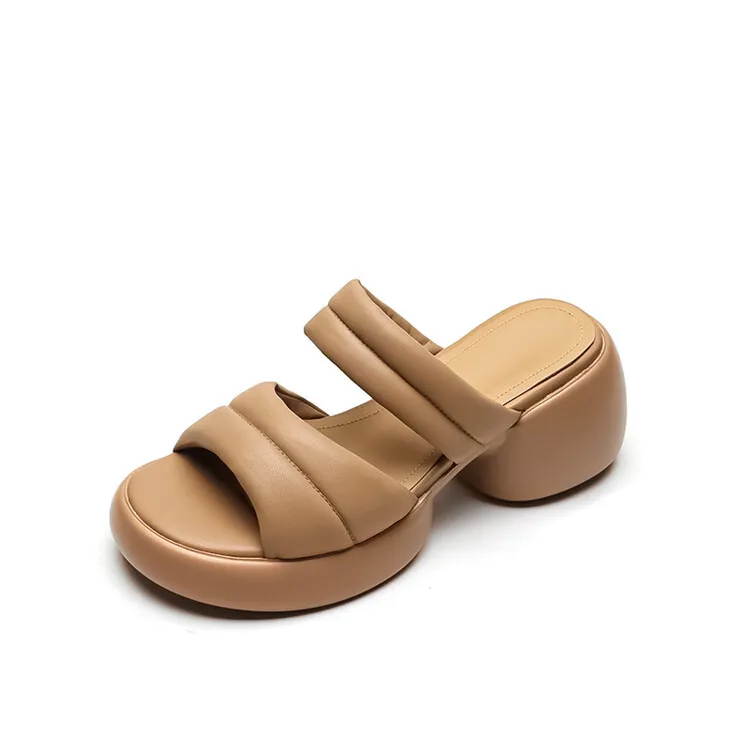 Women's platform sandals, chunky heel, mid-heel, summer style, leather, 5-8m