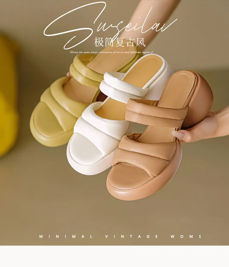 Women's platform sandals, chunky heel, mid-heel, summer style, leather, 5-8m