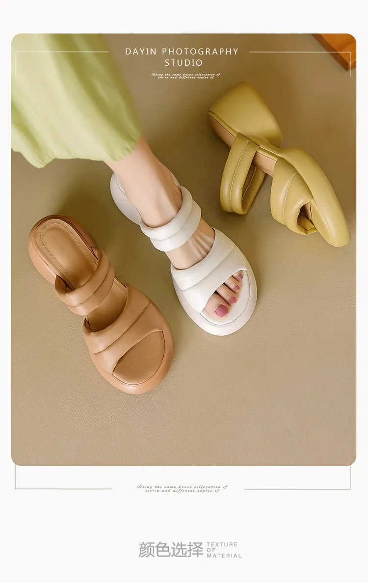 Women's platform sandals, chunky heel, mid-heel, summer style, leather, 5-8m