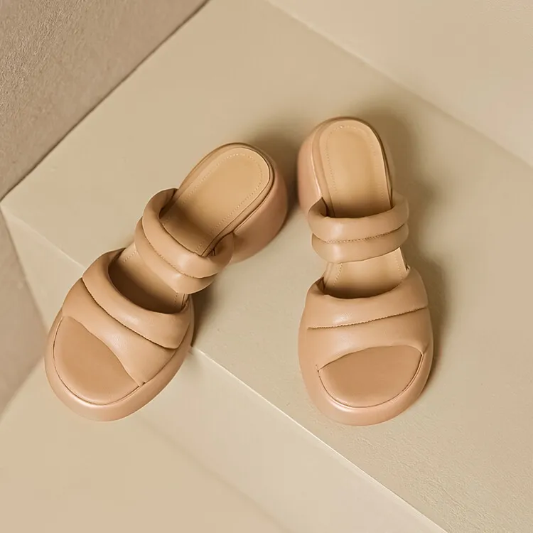 Women's platform sandals, chunky heel, mid-heel, summer style, leather, 5-8m