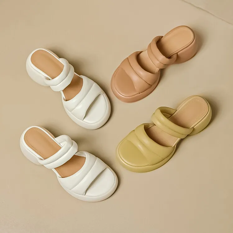 Women's platform sandals, chunky heel, mid-heel, summer style, leather, 5-8m