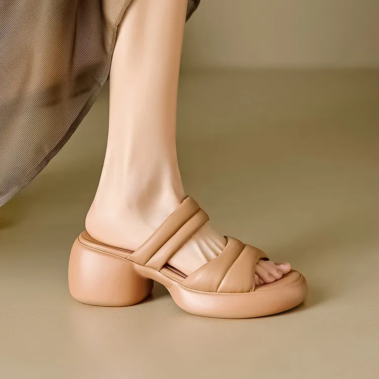 Women's platform sandals, chunky heel, mid-heel, summer style, leather, 5-8m