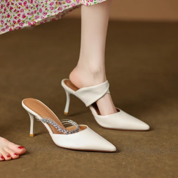 Fairy-style summer closed-toe mules, women's rhinestone pointed-toe stiletto heels, fashion shoes, 5-14c