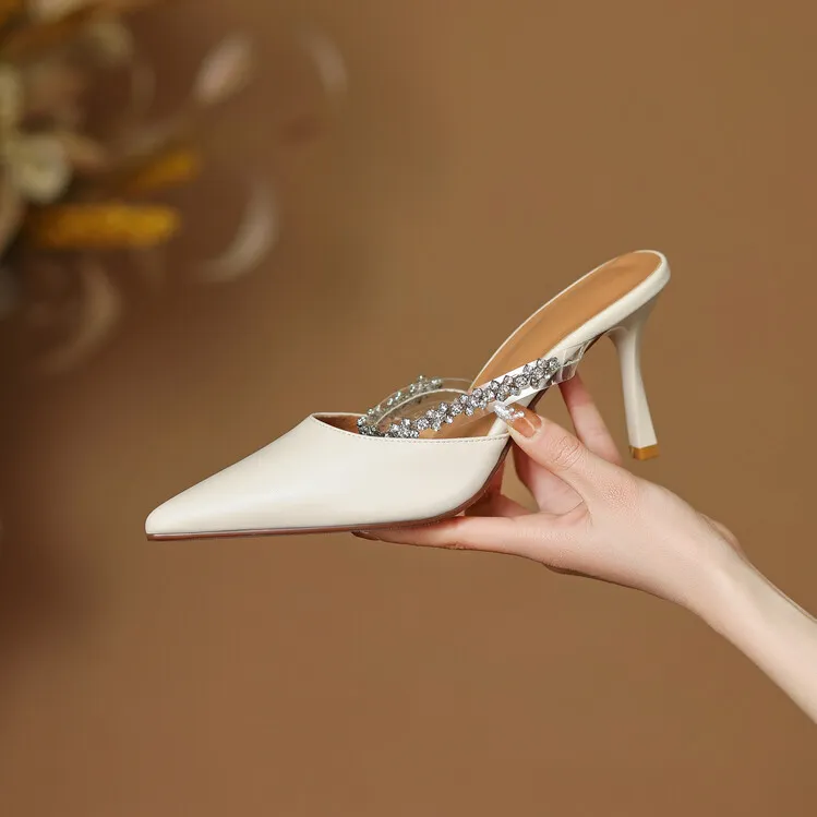 Fairy-style summer closed-toe mules, women's rhinestone pointed-toe stiletto heels, fashion shoes, 5-14c