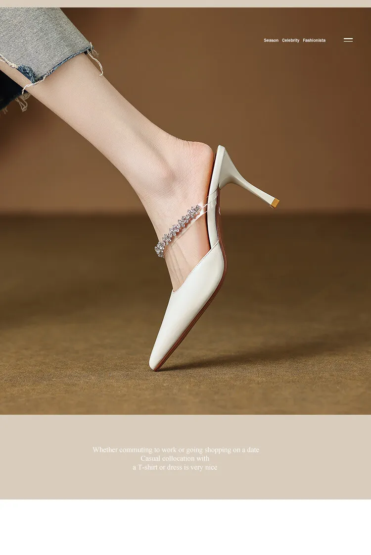 Fairy-style summer closed-toe mules, women's rhinestone pointed-toe stiletto heels, fashion shoes, 5-14c