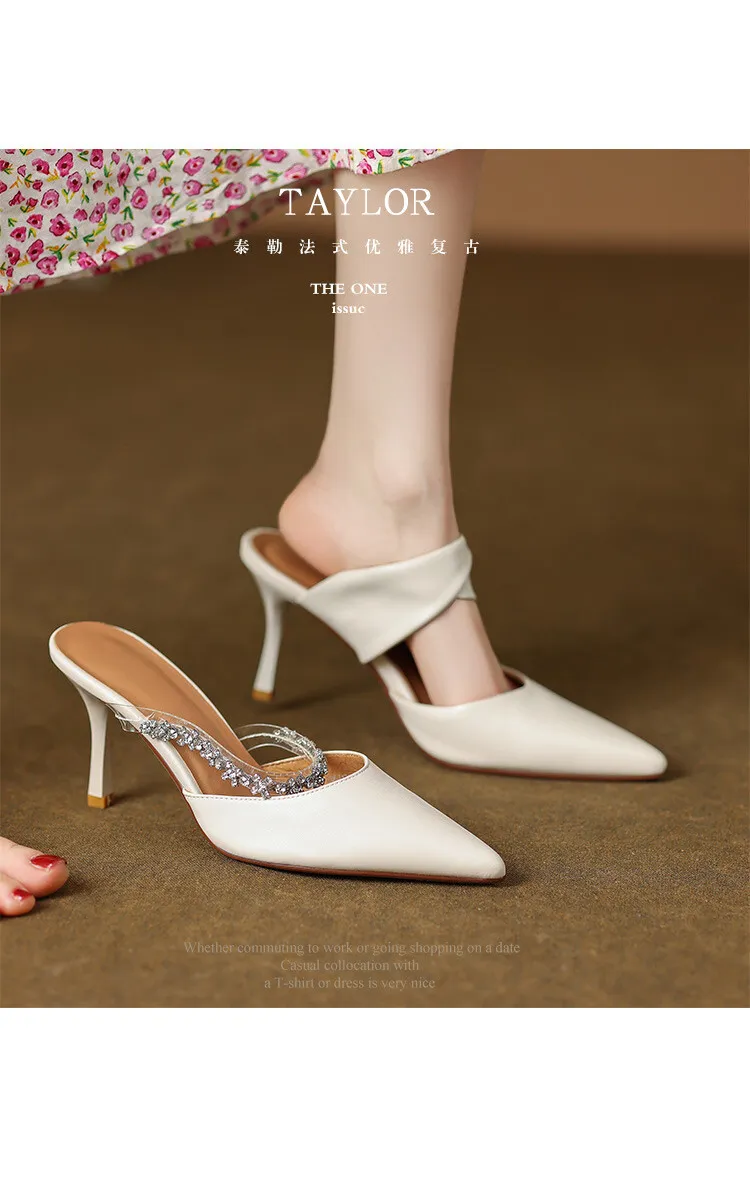 Fairy-style summer closed-toe mules, women's rhinestone pointed-toe stiletto heels, fashion shoes, 5-14c