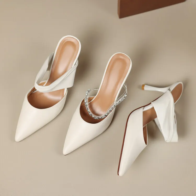 Fairy-style summer closed-toe mules, women's rhinestone pointed-toe stiletto heels, fashion shoes, 5-14c