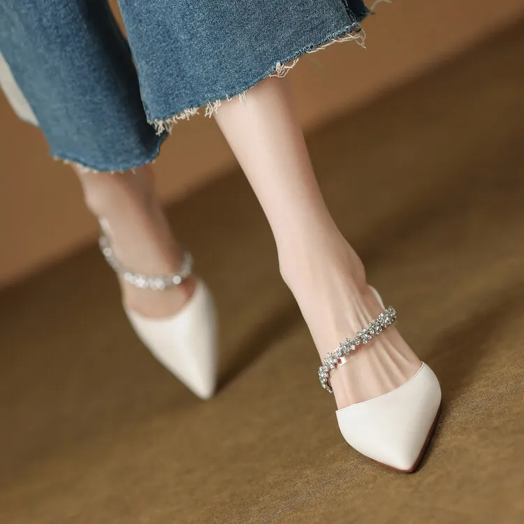 Fairy-style summer closed-toe mules, women's rhinestone pointed-toe stiletto heels, fashion shoes, 5-14c