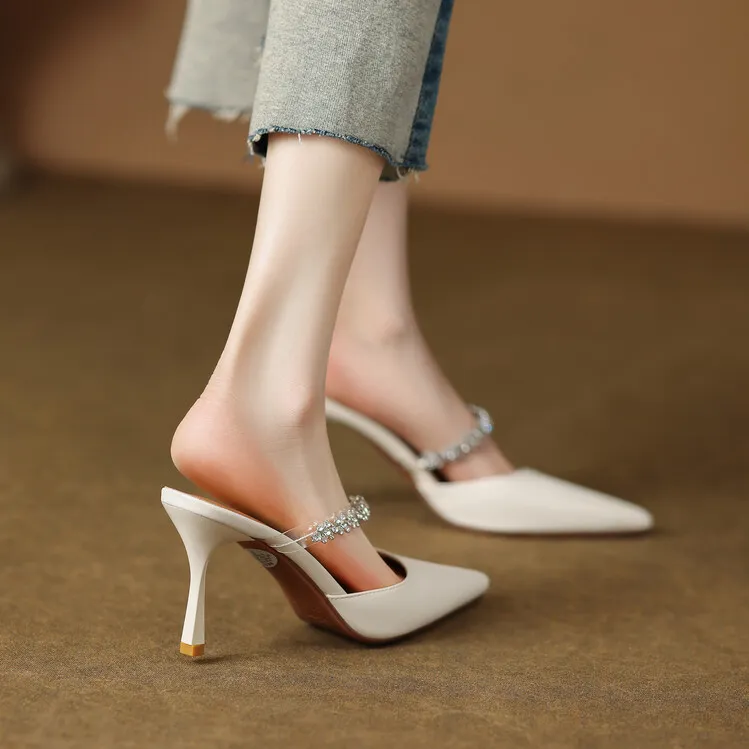 Fairy-style summer closed-toe mules, women's rhinestone pointed-toe stiletto heels, fashion shoes, 5-14c