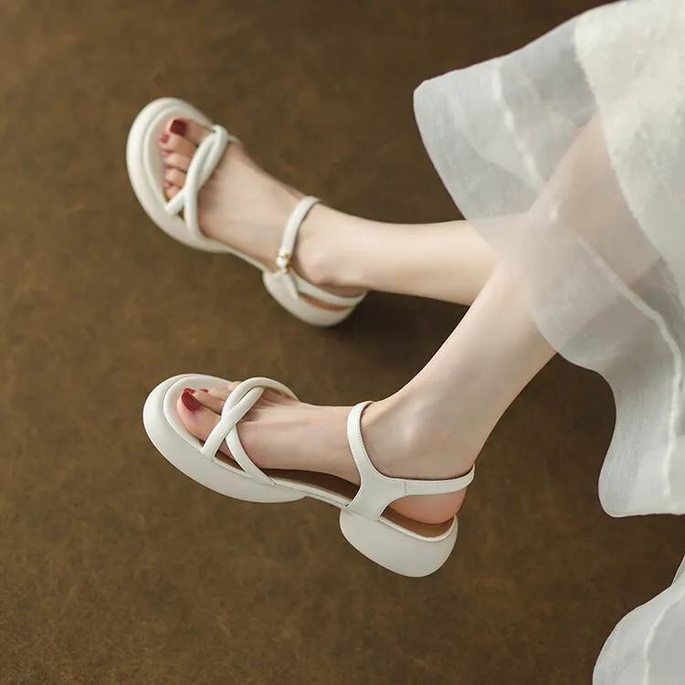 Women's platform open-toe sandals, made of cowhide, summer fashion, one-strap sandals, 5-23a